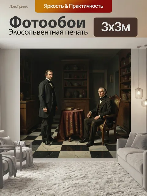 Фотообои Два джентльмена в кабинете. Два мужчины в старинном интерьере: один сидит в кресле, другой стоит рядом. Тёмна…
