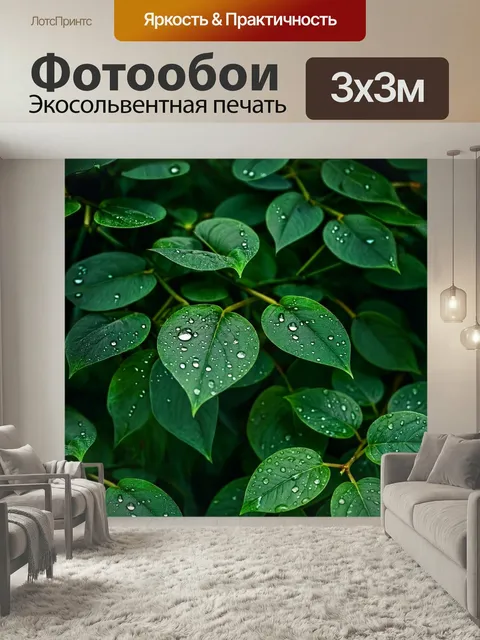 Фотообои Листья темно-зеленого цвета с каплями воды на поверхности, крупный план, натуральный фон, тени и текстуры лис…