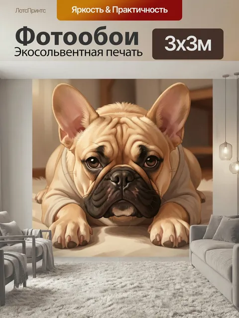 Фотообои Французский бульдог крупным планом. Милый пес с большими ушами и выразительным взглядом лежит на светлой пове…