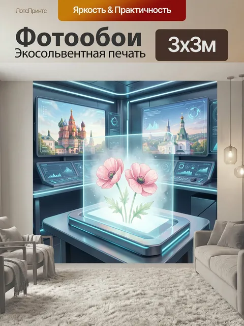 Фотообои Голографические маки в футуристической лаборатории. Цифровая ботаника с проекцией нежных розовых цветов в хай…