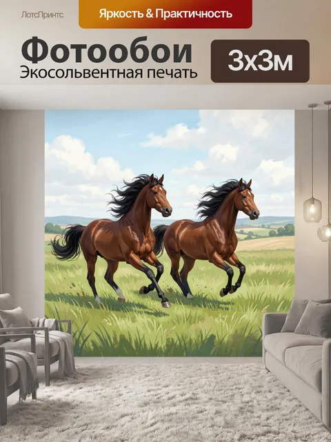 Фотообои Две бегущие гнедые лошади. Живописная сцена с парой мощных скакунов на зеленом лугу под высоким голубым небом…