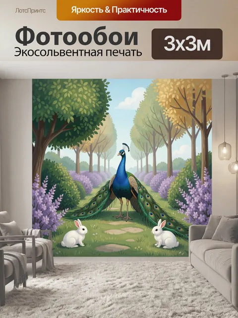 Фотообои Павлин и зайцы в саду