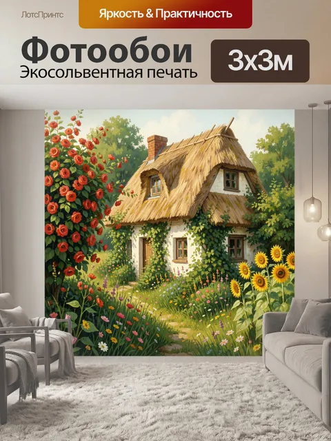 Фотообои Сказочный дом в цветущем саду. Уютное сельское строение с соломенной крышей среди пышной зелени, алых маков и…
