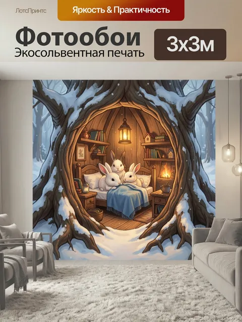 Фотообои Зайцы в лесной хижине зимой