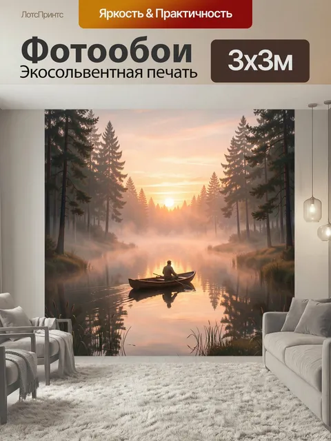 Фотообои Лодка на лесной реке на рассвете. Туманная водная гладь среди высоких сосен, одинокий рыбак в деревянной шлюп…