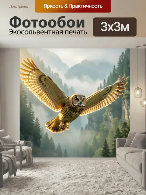 Фотообои Сова в полёте над горами. Хищная птица с расправленными крыльями летит над туманной горной долиной и хвойным …