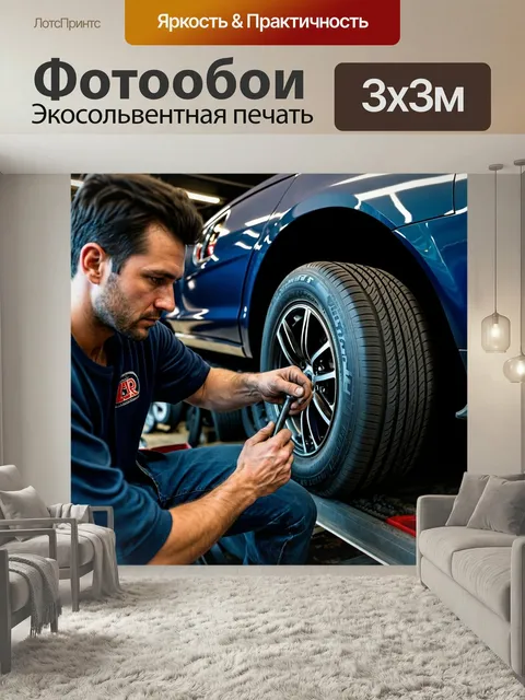 Фотообои Интимная сцена автосервиса, фокусирующаяся на процессе работы с шинами как на искусстве. стиль — романтическа…