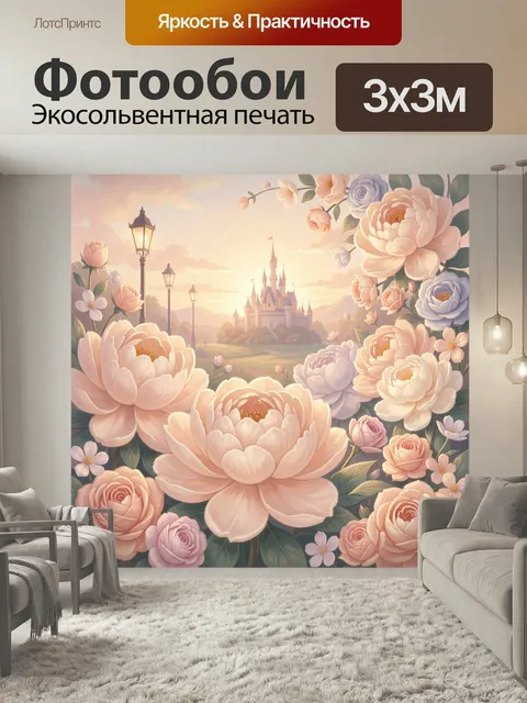 Фотообои Замок в цветочном обрамлении. Нежная сказочная композиция с дворцом вдали, светящимися фонарями и крупными са…