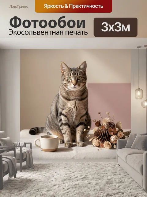 Фотообои Полосатый кот с букетом и чашкой. Реалистичный домашний натюрморт: пушистый табби с выразительным взглядом, р…