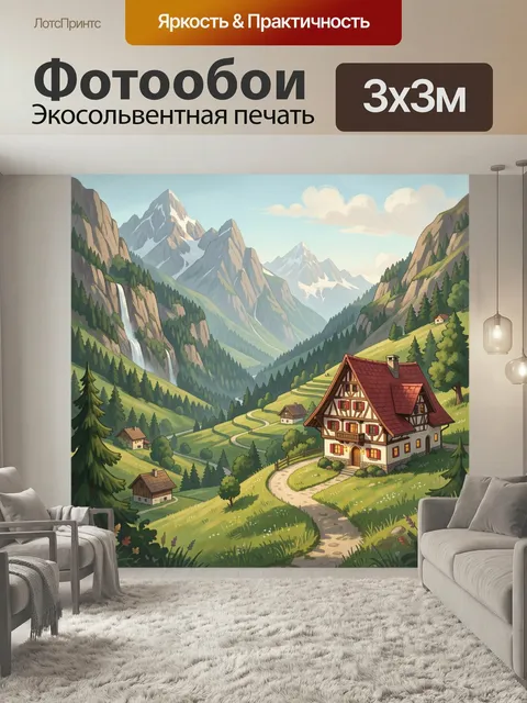 Фотообои Альпийская деревня в горах. Живописная горная долина с шале, лесными склонами, извилистой тропой и водопадом.…