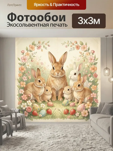Фотообои Пасхальные зайцы среди цветов. Милые кролики на весенней поляне среди нежных садовых бутонов, веточек и пасха…