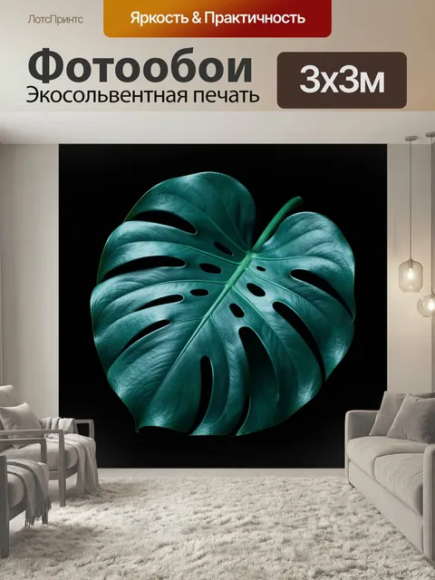Фотообои Тропический лист на темном фоне. Крупный экзотический лист с глянцевой текстурой и естественными прорезями, и…