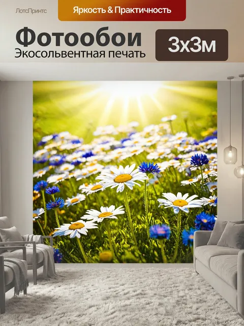 Фотообои Цветы в стиле кинематографический, ромашки и васильки, окруженные солнечными лучами, с глубокой глубиной резк…