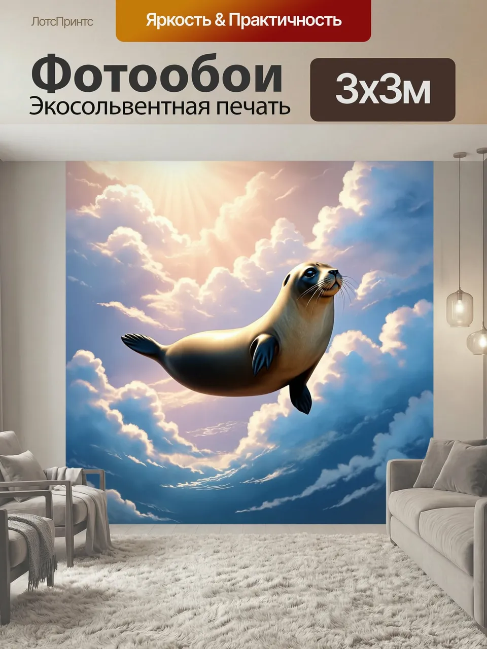 Фотообои Тюлень в облаках: фантастическое изображение тюленя, плавающего среди облаков, под мягкими лучами сол…