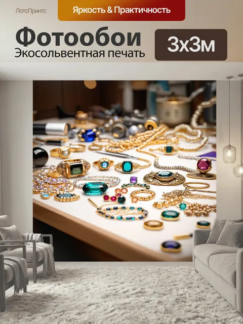 Фотообои Мастерская ювелира с прекрасными, детализированными украшениями, разбросанными по столу, и инструментами, акк…