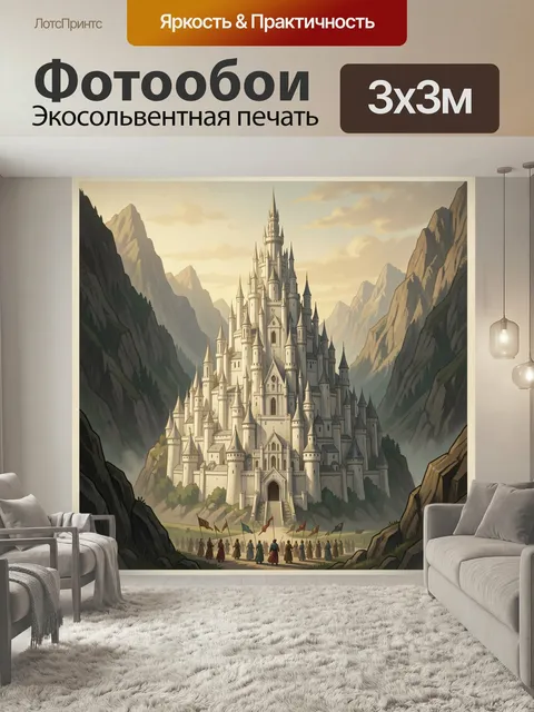 Фотообои Сказочный замок в горах. Величественная белокаменная крепость с множеством башен среди высоких скал и туманно…
