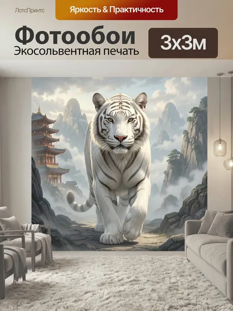 Фотообои Белый тигр в горах. Величественный хищник шагает по каменной тропе среди туманных скал и восточных пагод. Циф…