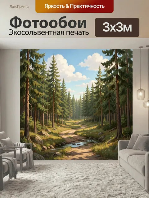 Фотообои Лесная тропа у ручья. Солнечный сосновый бор с извилистой дорожкой, камнями и ручейком, уходящим вглубь чащи.…