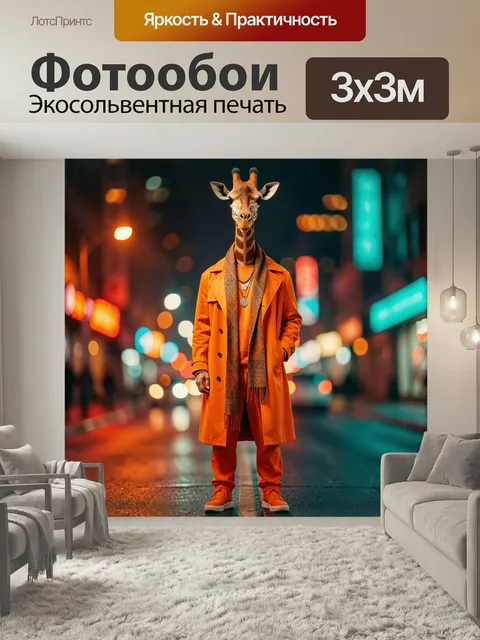 Фотообои Жираф в ярком городском образе. Сюрреалистичный модный персонаж с головой жирафа в оранжевом пальто и шарфе н…