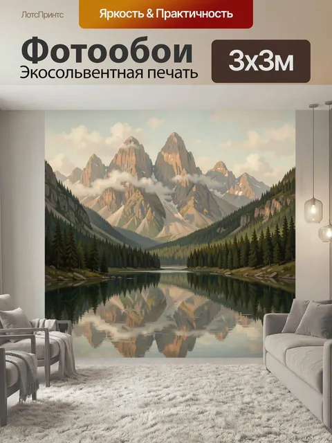 Фотообои Горные пики и лесное озеро. Живописная альпийская долина с величественными скалами, хвойным лесом и спокойной…