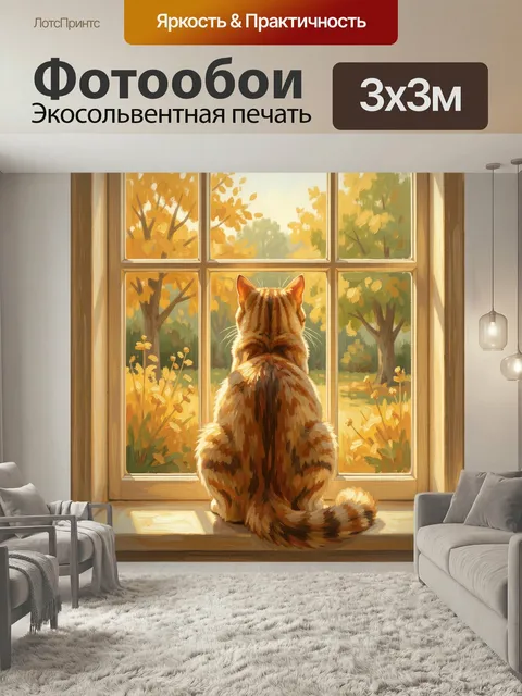 Фотообои Кот у окна с осенним садом. Рыжий пушистый питомец сидит на подоконнике и смотрит на солнечный сад за стеклом…