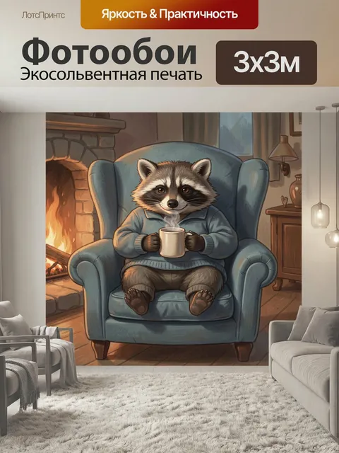 Фотообои Енот с кружкой у камина