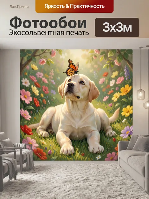 Фотообои Щенок с бабочкой в цветочном саду. Нежная солнечная сцена: светлый лабрадор лежит в траве среди ярких полевых…