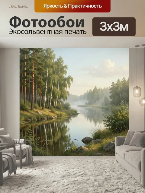Фотообои Лесная река в тумане. Спокойный природный пейзаж с зеркальной водой, соснами и берёзами на берегу. Мягкий утр…