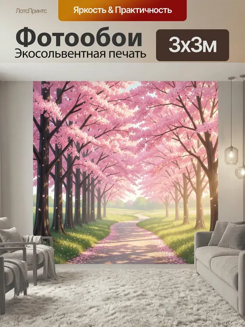 Фотообои Аллея цветущей сакуры. Нежная весенняя сцена с розовыми цветущими деревьями вдоль извилистой тропинки, мягкий…