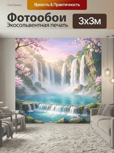 Фотообои Сказочный водопад среди цветущих сакур. Фантазийный природный пейзаж с многоярусными каскадами, бирюзовой лаг…