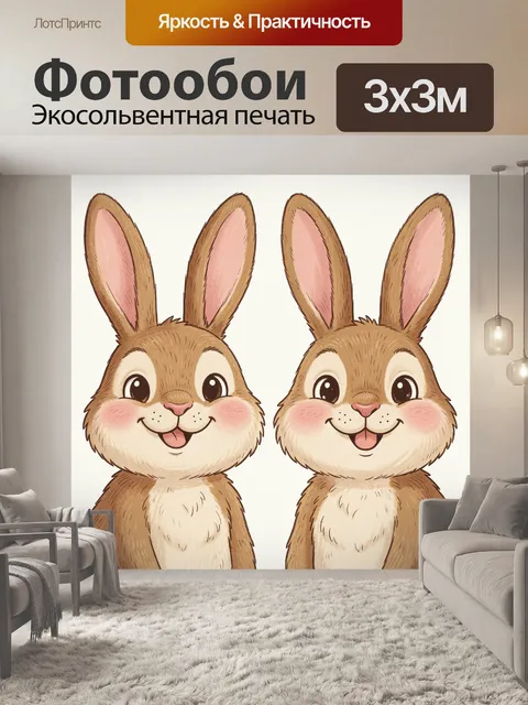 Фотообои Два милых зайца с улыбками. Иллюстрация двух пушистых зайчиков с большими карими глазами и розовыми носиками.…