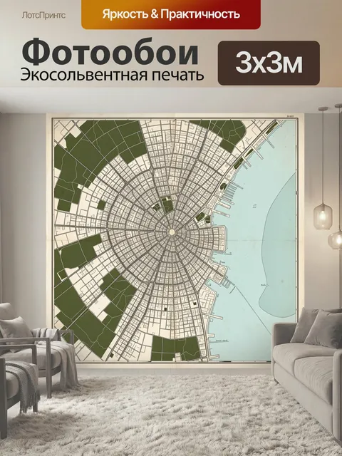 Фотообои Схема прибрежного города. Графичный план с радиальными улицами, береговой линией, зелёными массивами и компас…