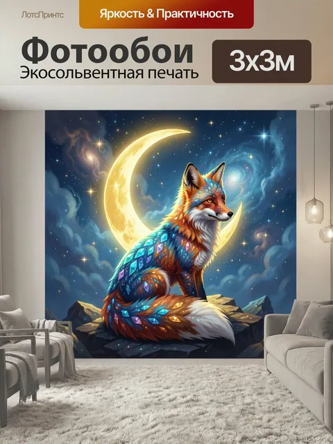 Фотообои Лиса под звездным небом. Фэнтезийный рыжий лис с сияющими кристаллами на шерсти сидит на скалах, вокруг луна,…