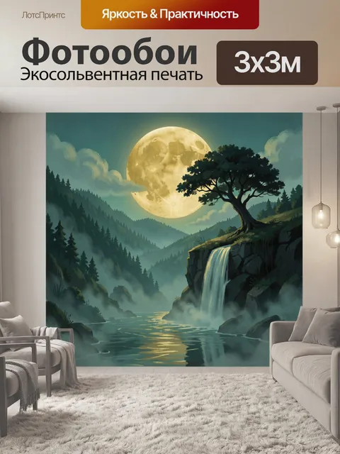 Фотообои Лесной водопад под полной луной. Ночная панорама: огромная жёлтая луна над густыми сосновыми лесами, водопад …
