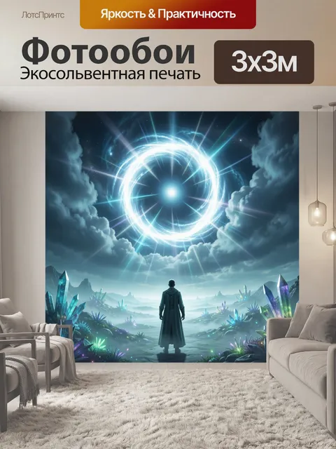 Фотообои Магический портал в ночном небе. Фэнтезийная сцена: сияющее небесное кольцо над мистическим ландшафтом, одино…