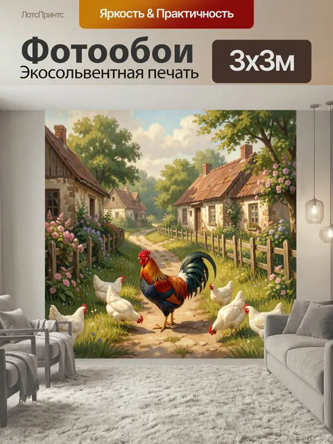 Фотообои Петух и куры в деревне. Уютный сельский двор с домашними птицами на извилистой тропинке среди цветущих кустов…