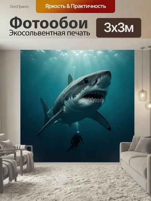 Фотообои Акула и дайвер под водой. Подводная сцена с огромным хищником и аквалангистом в глубине океана, лучи света ск…
