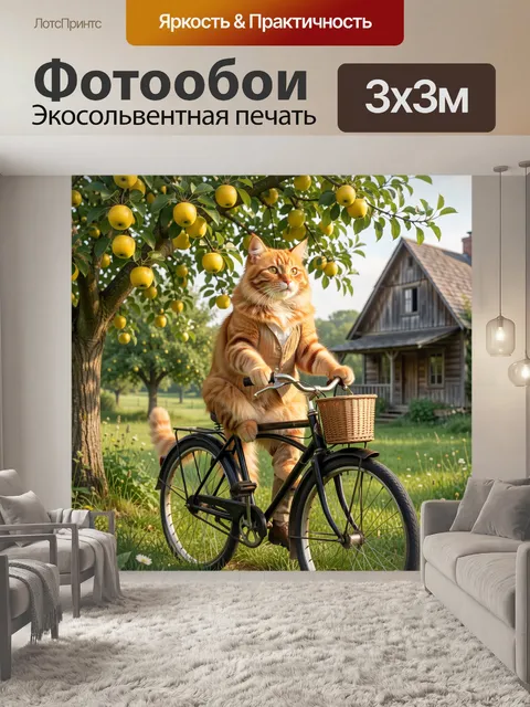 Фотообои Рыжий кот на велосипеде. Очаровательный пушистый зверёк едет по яблоневому саду на старинном байке с плетёной…