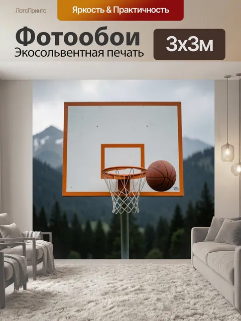 Фотообои Баскетбольное кольцо на фоне гор. Уличная спортивная площадка с мячом в полёте, оранжево-белая разметка, разм…