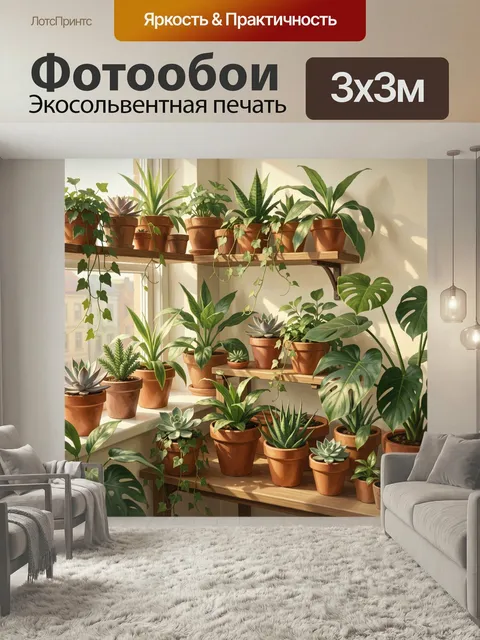 Фотообои Комнатные растения на солнечных полках. Уютный интерьер с множеством горшечных зелёных растений у окна, сукку…