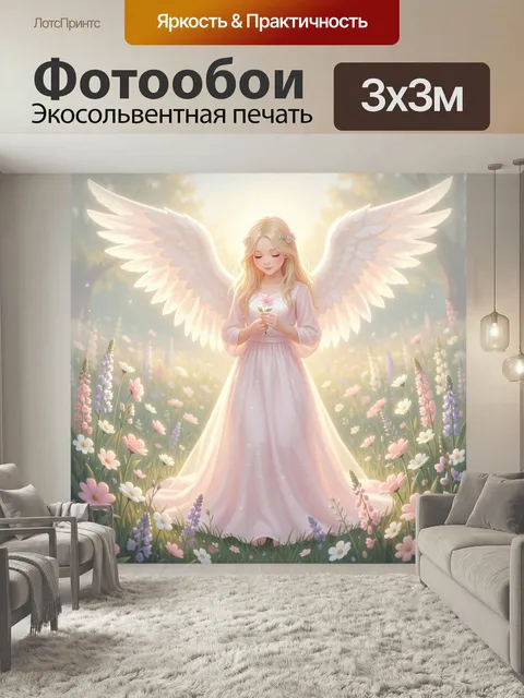 Фотообои Ангел среди цветущего луга. Нежная сказочная сцена: светловолосая небесная дева с большими крыльями стоит сре…