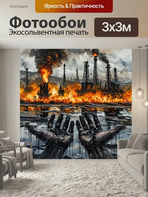 Фотообои Нефтяные вышки, поглощение огнем, экономический сектор черное золото баррель