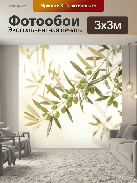 Фотообои Ветви оливы с плодами. Светлая ботаническая композиция с тонкими серебристо-зелеными листьями и зрелыми оливк…