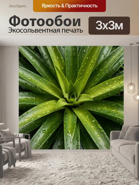 Фотообои Зеленые листья с каплями воды. Макросъемка сочной тропической листвы с росой, насыщенные оттенки зелени, свеж…