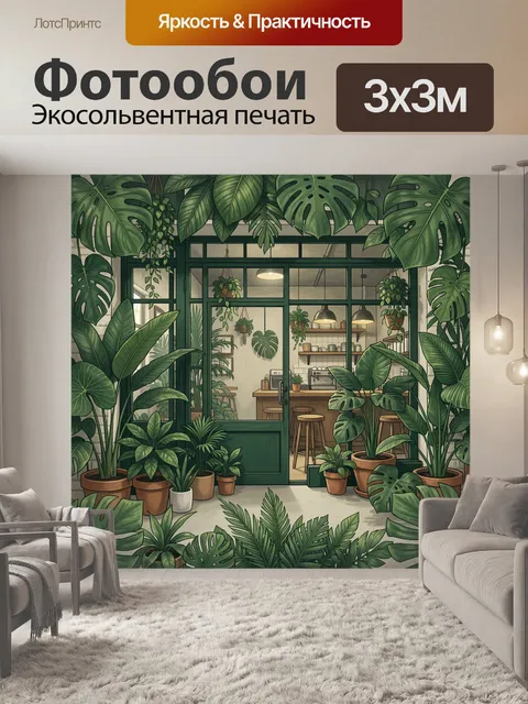 Фотообои Тропическая зелень у открытого окна. Сочный тропический декор: крупные листья монстеры и пальмы обрамляют гор…