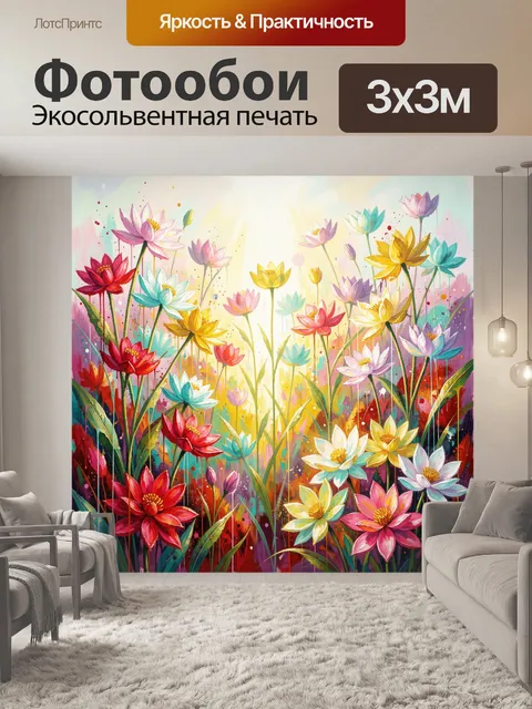 Фотообои Яркие цветы в солнечном свете. Нежная акварельная композиция с множеством цветущих растений в розовых, лиловы…