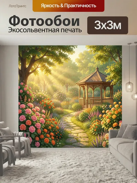 Фотообои Цветущий сад с беседкой