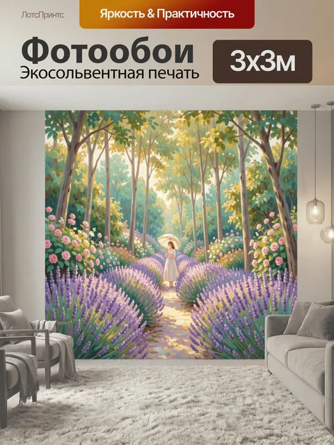 Фотообои Девушка с зонтиком в лавандовом саду. Романтичная прогулка по цветущей аллее среди сиреневых полей, розовых к…