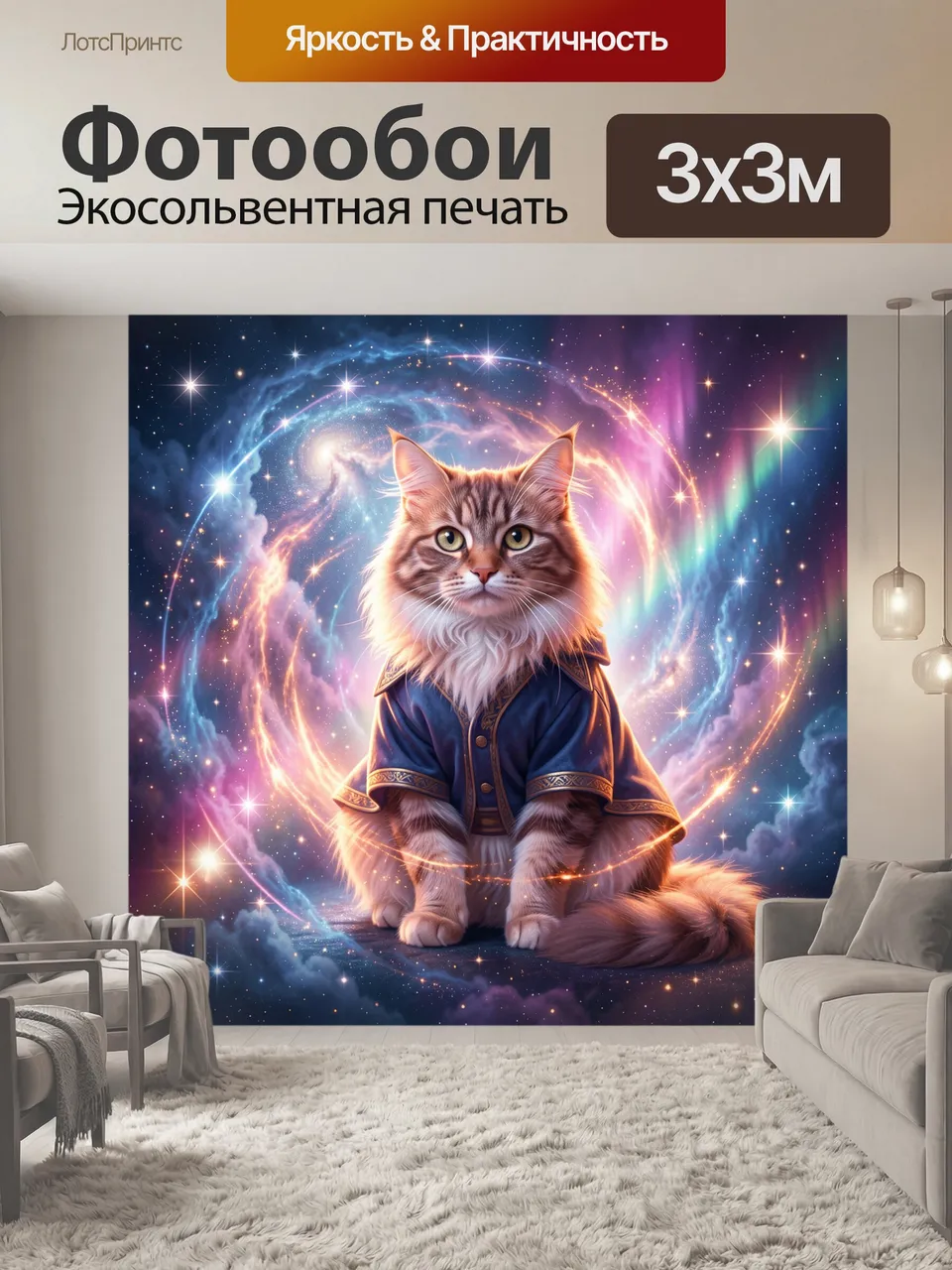 Фотообои Кот в космическом образе. Пушистый рыжий питомец в синем нарядном одеянии на фоне сияющей галактики, …