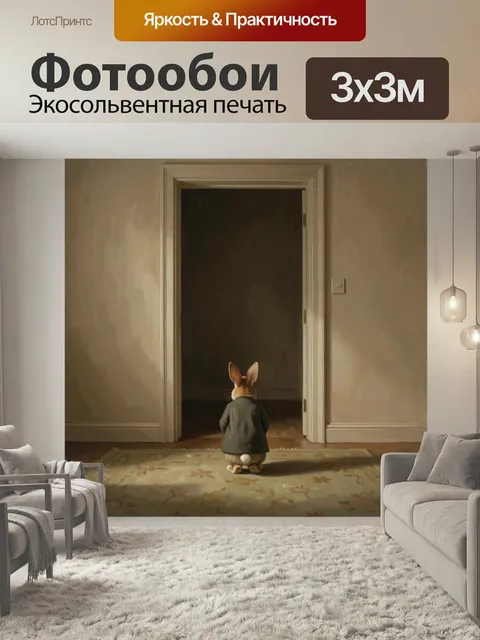 Фотообои Кролик у открытой двери. Антропоморфный зайчонок в пиджаке стоит спиной в пустом интерьере перед темным дверн…